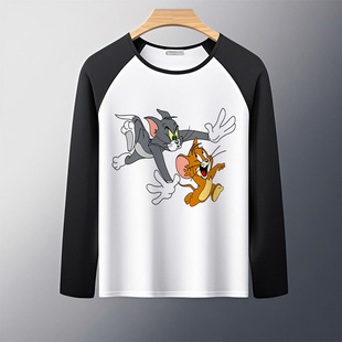 卡通猫和老鼠动漫汤姆猫春秋季百搭T恤男女新款黑袖长袖学生上衣