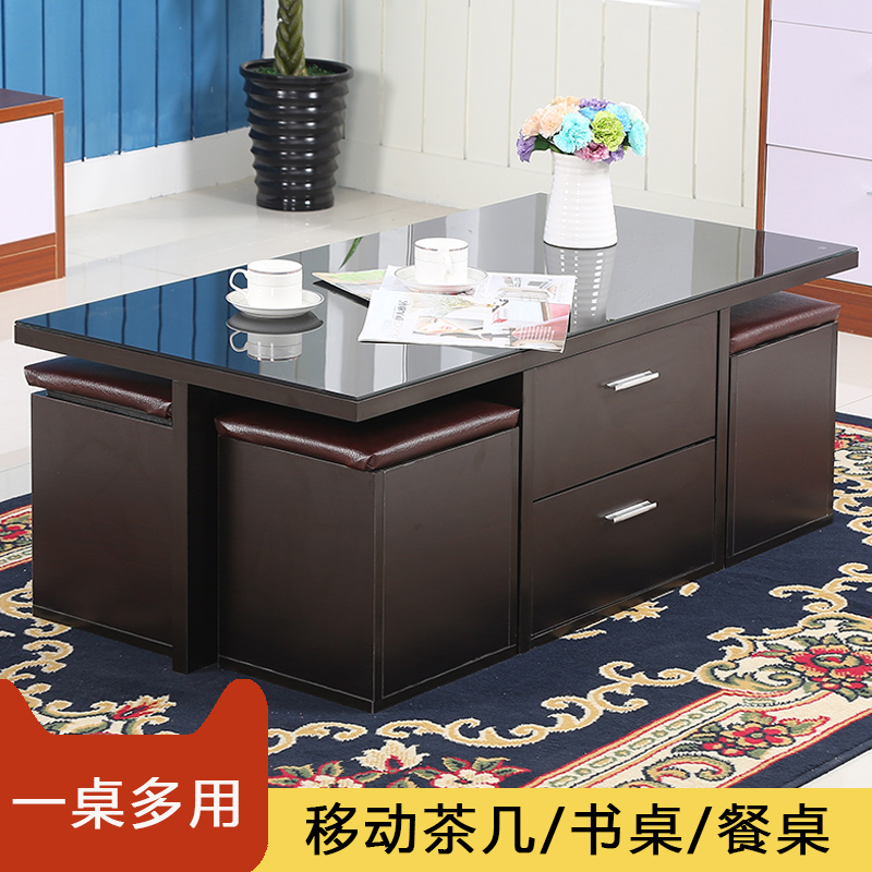 茶几简约钢化玻璃多功能茶几餐桌两用茶桌椅组合带凳子客厅小户型券后289.00元