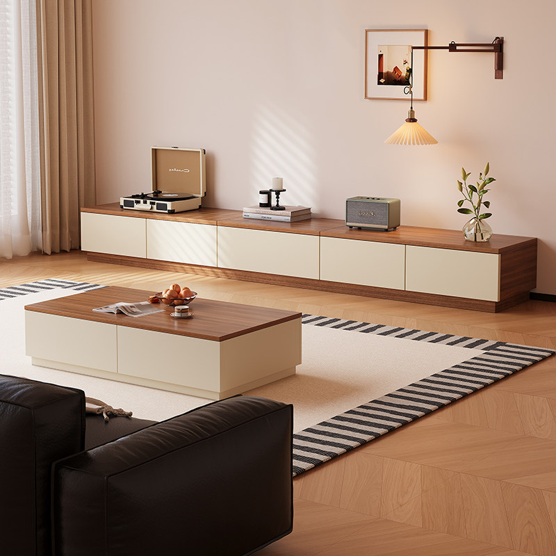 实木落地电视柜客厅家用中古风2025新款轻奢高级感收纳储物柜一体