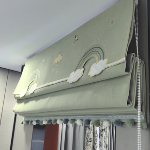 儿童房罗马帘升降帘男孩卧室绿色彩虹云朵加厚遮光卡通雪尼尔布料