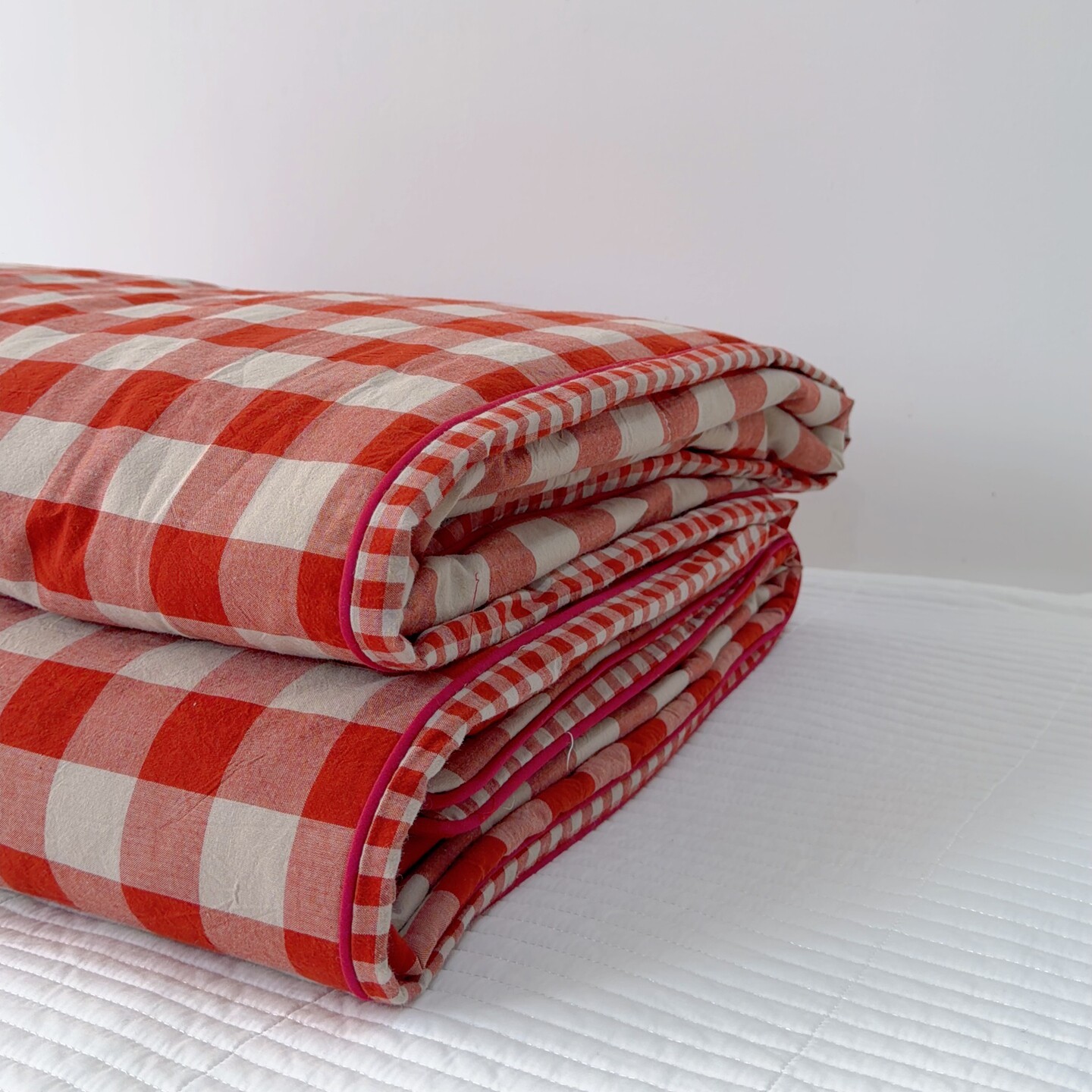 全棉水洗棉夏凉被床盖四件套红色格子被罩夹棉被套加厚床单三件套