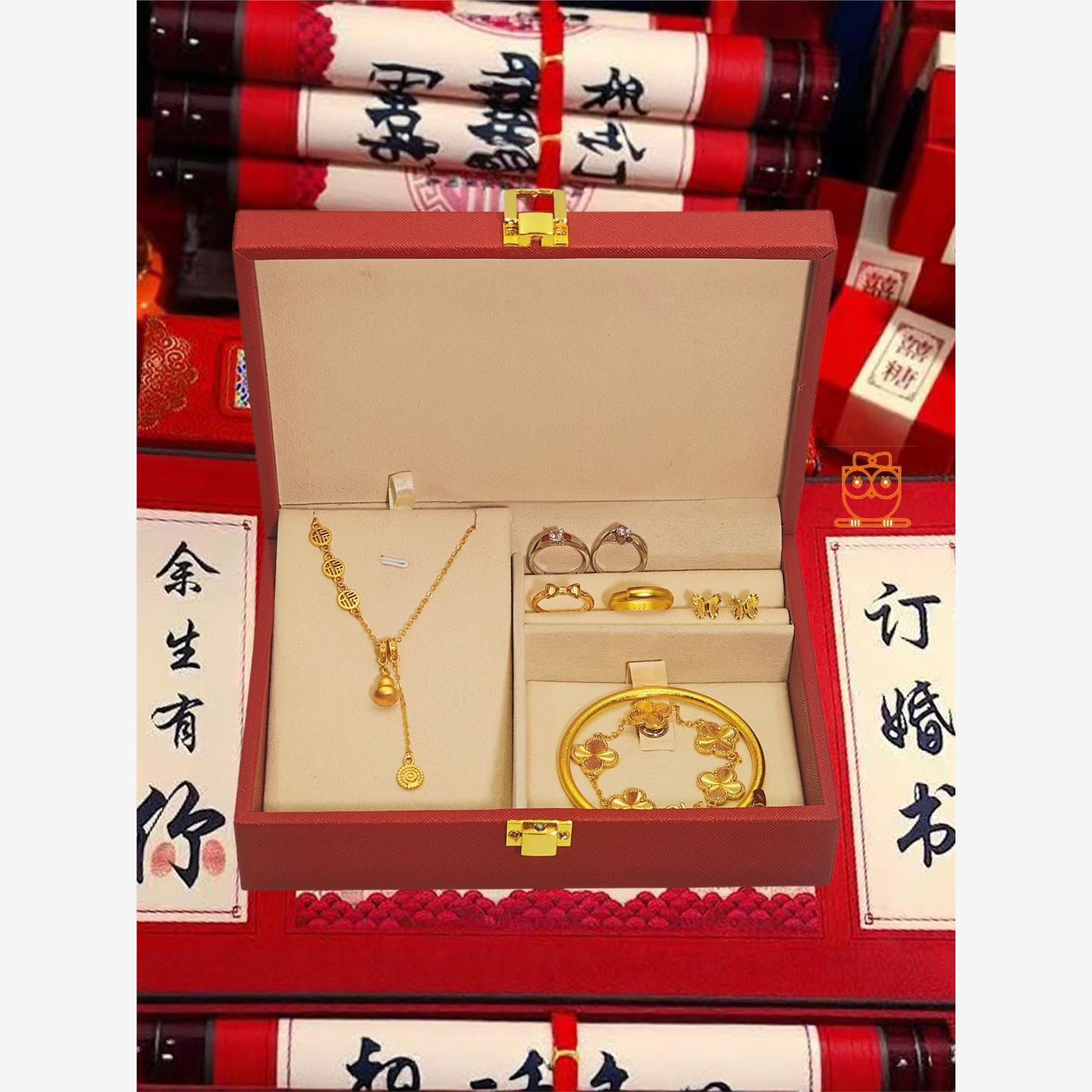 婚礼摆台结婚假五金首饰套装摆件新娘订婚假三金订婚宴摆台假黄金