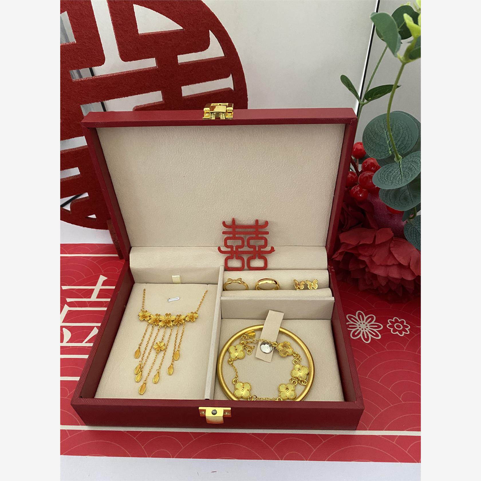 新娘订婚陪嫁彷金三金一套结婚假黄金首饰五金整套礼摆台古法手镯
