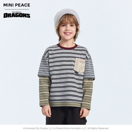 MINI PEACE X 驯龙高手系列太平鸟童装男童长袖T恤条纹假两件洋气