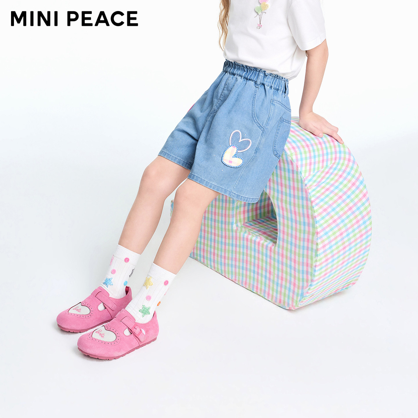 MINIPEACE太平鸟童装女童牛仔短裤夏季薄款儿童格纹贴布五分裤