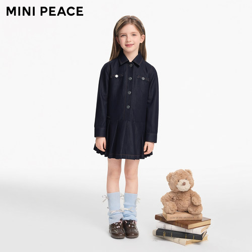 【专柜同款】MINIPEACE太平鸟童装女童秋季牛仔银丝百褶连衣裙