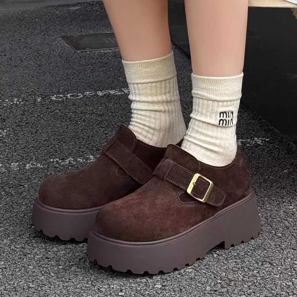 真皮厚底勃肯鞋女皮带扣2025冬季新款加绒保暖棉鞋轻便休闲松糕鞋