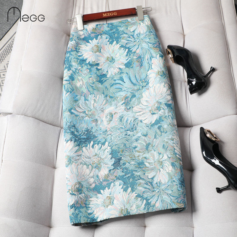 油画半身裙2022春秋高腰显瘦开叉包臀一步裙气质花色中长款裙子女