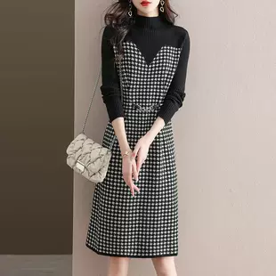 洋气内搭中长款 冬季 配大衣针织连衣裙女秋冬2022新款 千鸟格毛衣裙