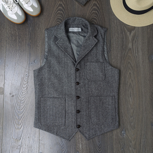 CAILENOW  春秋阿美咔叽男款灰色平驳领羊毛人字纹粗花呢猎装马甲