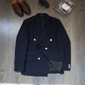 CAILENOW 布雷泽80羊毛双排金扣男海军蓝西服商务休闲戗驳领西装