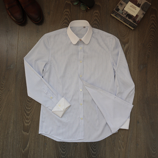 CAILENOW  异色领浴血黑帮伊顿领蓝色条纹长袖衬衫法式袖口男衬衣