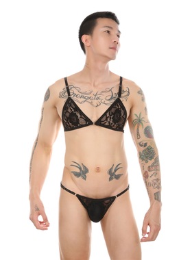 clever-menmode男士内衣可调节三点式蕾丝伪娘文胸内裤套装