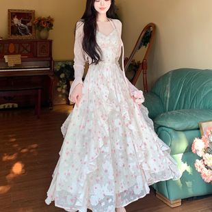 少女夏季 胖妹妹网纱挂脖连衣裙套装 温柔风超仙甜美过膝长裙两件套