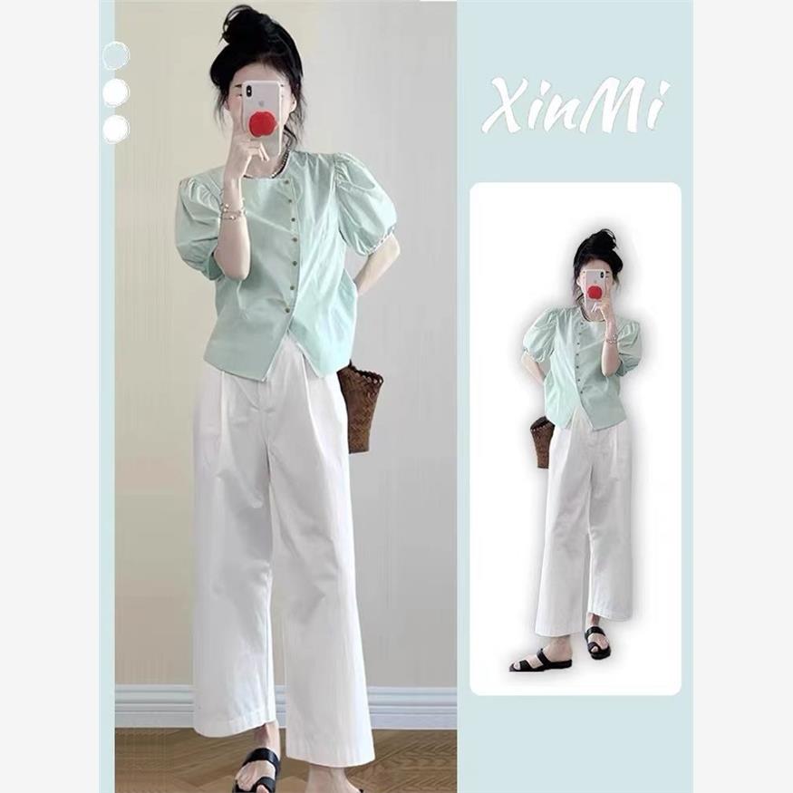 法式不规则泡泡短袖衬衫白色阔腿裤女夏季大码胖mm高级感显瘦套装