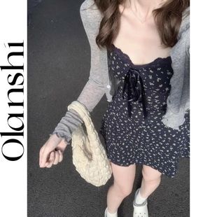 Olanshi法式 海边度假高级感短裙 蓝色碎花吊带连衣裙女夏季 新款