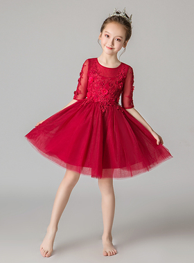 女童晚礼服公主裙蓬蓬纱洋气花童儿童生日主持人钢琴演出服红色秋