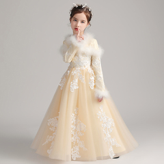 女童礼服公主裙加厚小女孩花童婚礼主持人儿童钢琴演出服表演冬季