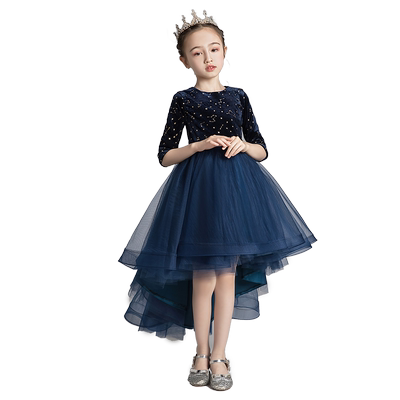 生日小花童婚纱长袖蓝色春秋礼服