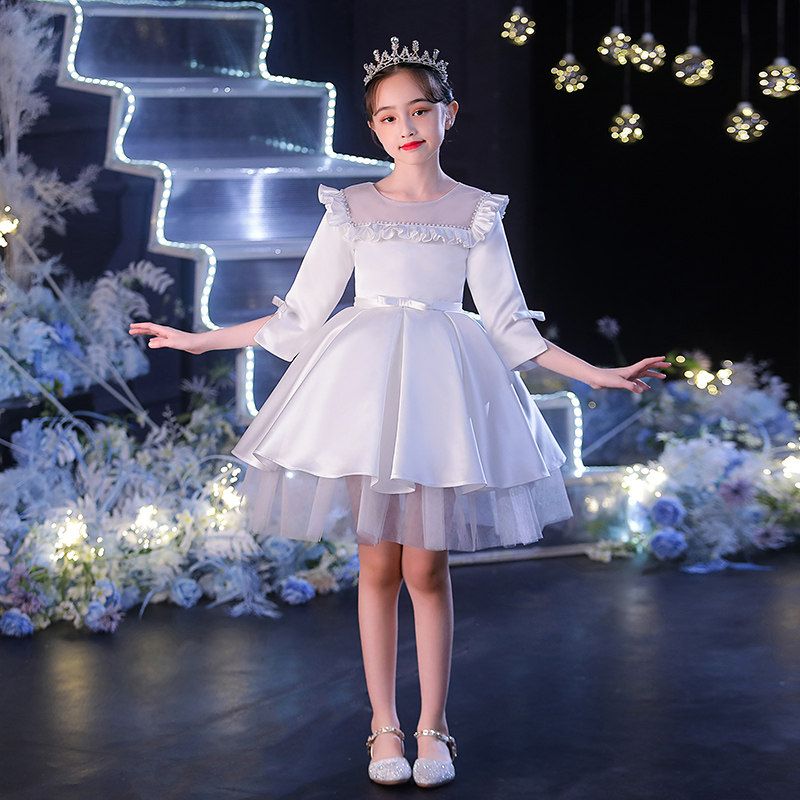 花童婚礼小女孩礼服公主裙生日白色女童钢琴演出服儿童主持人长袖