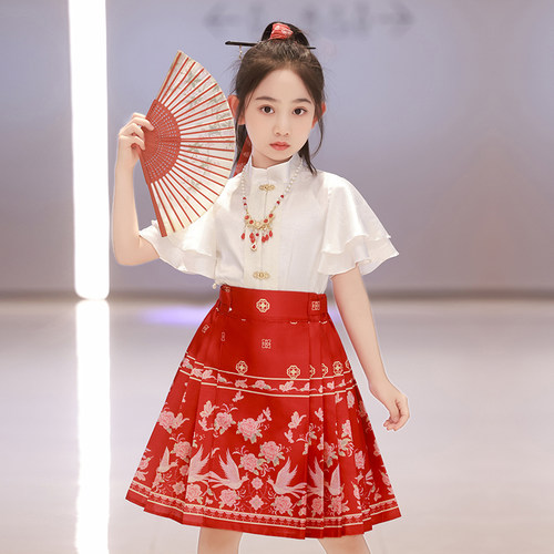 女童马面裙短袖套装小女孩