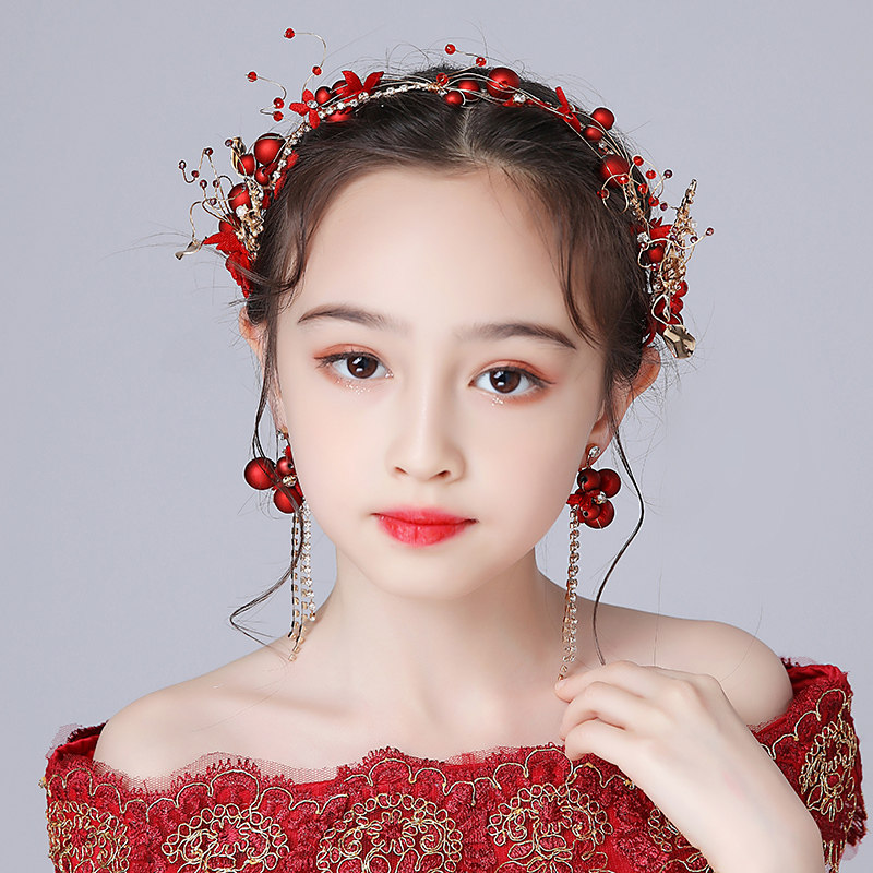 中国风女童红色头饰公主儿童发饰皇冠女孩发箍花童走秀演出饰品