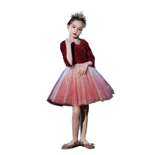 公主裙女童生日小花童婚纱主持人儿童礼服钢琴演出服演奏红色长袖