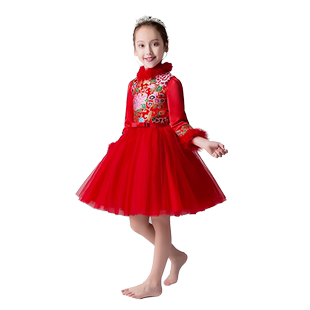 女童旗袍冬天加厚儿童唐装拜年服过年中国风宝宝周岁礼服红色长袖