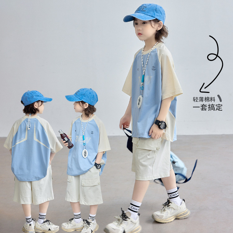 2025新款夏季蓝色拼接T恤男女童时尚休闲短袖两件套潮