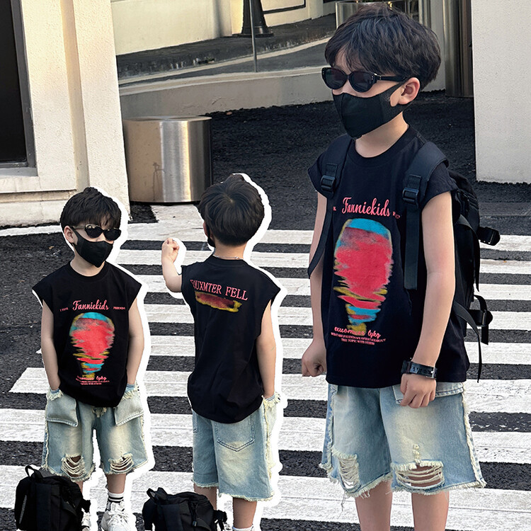 2025新款夏季时尚男童无袖T恤黑色控价百搭休闲上衣潮款