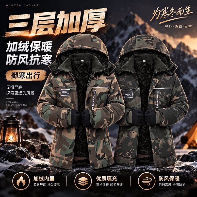 冬季迷彩棉衣棉袄加绒加厚劳保棉服冷库防寒服夹克款耐磨保暖工装