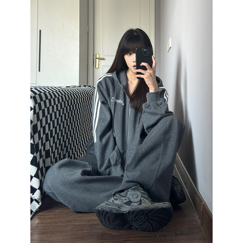 美式时尚运动套装女春秋连帽卫衣宽松显瘦韩版学生休闲两件套跑步