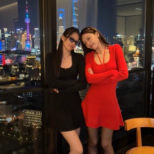 Oh！Me Tell【jennie金智妮同款】花边蝴蝶结系带针织长袖连衣裙