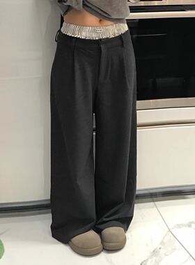 Oh！Me Tell【Jennie金智妮同款】条纹拼接双裤腰捏褶休闲西装裤