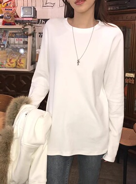Oh! Me Tell【秋冬内搭】白色基础百搭宽松打底U领/圆领长袖T恤