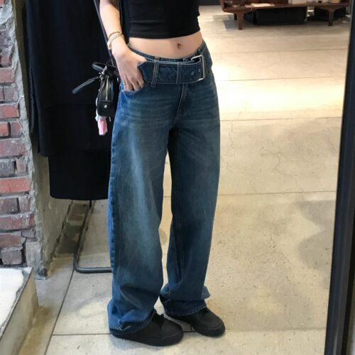 腰带高腰直筒牛仔裤女