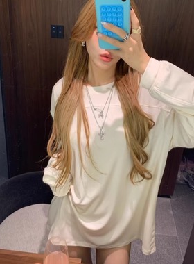 Oh！Me Tell【超绝面料】极简纯色拼接刺绣宽松百搭圆领长袖T恤