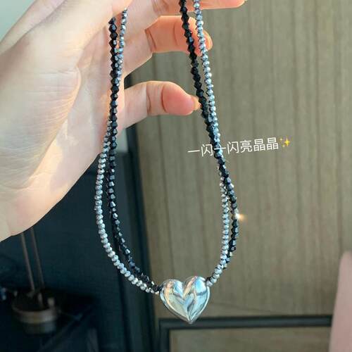 撞色双链条银色爱心项链