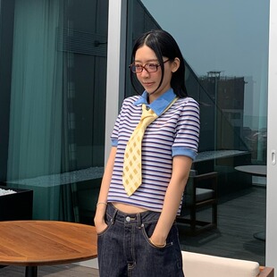 Oh!Me Tell【李*沅禧同款打歌服】复古条纹polo领修身短袖T恤女