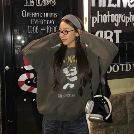 Oh！Me Tell【TWICE凑崎纱夏同款】卡通印花水洗做旧插肩袖卫衣