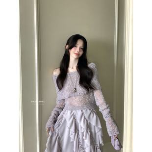 DARA 春上新大上新浅紫色露肩软糯颗粒感面料自带朦胧D8920 ROSE