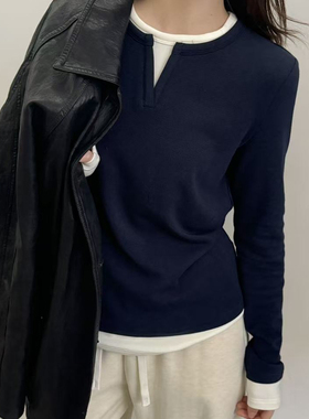 TSD MORE-冬上新假两件拼接加绒显瘦长袖T恤（含4.7绵羊毛）11126