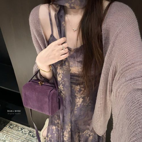 DARA ROSE-温柔女人气质慵懒雾紫色宽松大版针织开衫S10127