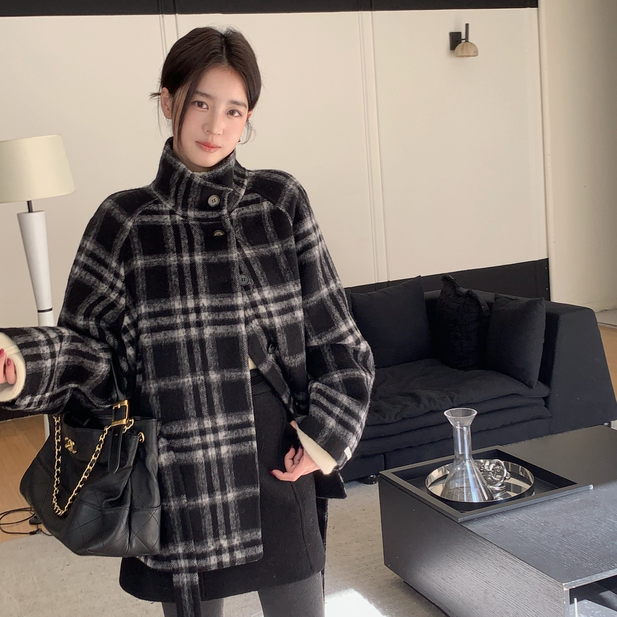 ONION-冬上新英伦复古感小女人格纹羊毛外套（含70羊毛）C7058