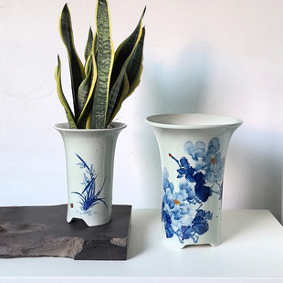 景德镇青花瓷花盆中国风陶瓷高端树盆裂纹釉君子兰蝴蝶兰花手绘