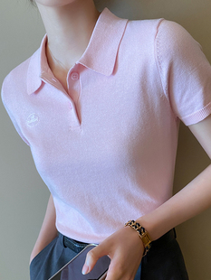 学院风时尚 粉色polo领短袖 针织T恤女春夏季 2024新款 通勤针织上衣