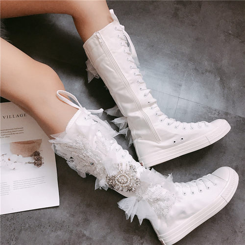 欧洲站长筒超酷显腿细水钻帆布鞋