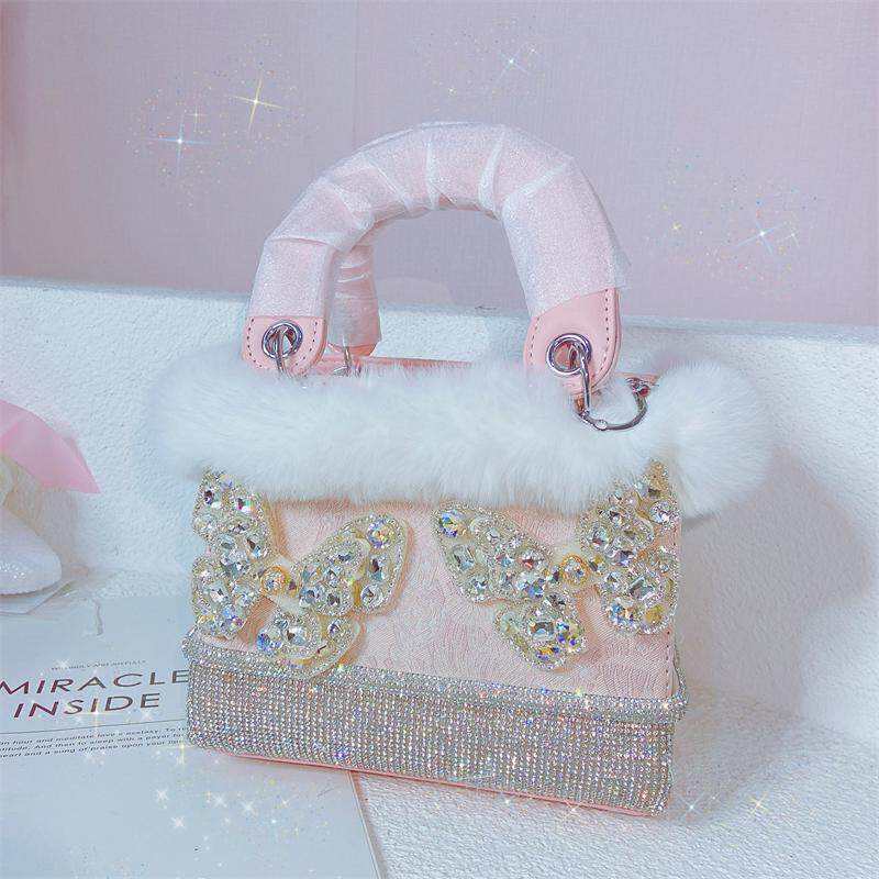 2024秋冬新款粉色毛毛戴妃包重工水钻高级感百搭斜挎手提女小方包