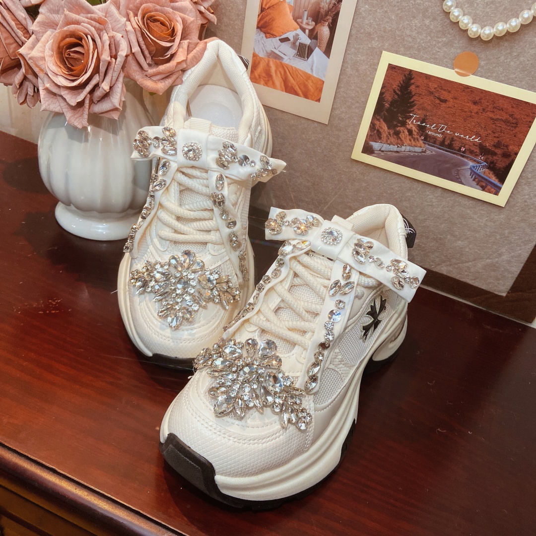 2025秋季增高复古老爹鞋重工水钻时尚休闲小白鞋网眼透气休闲鞋