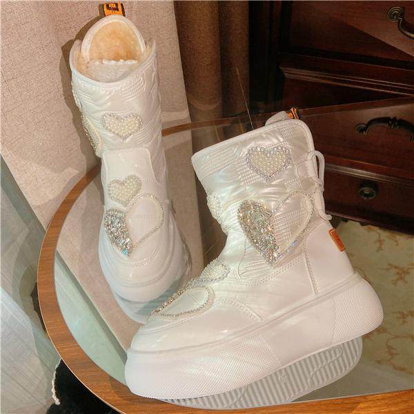 原创设计冬季加厚保暖棉靴防水皮面东北白色耐脏镶钻厚底雪地毛靴,女鞋,时尚雪地靴,淘宝优惠券,粉丝福利购,淘宝优惠卷